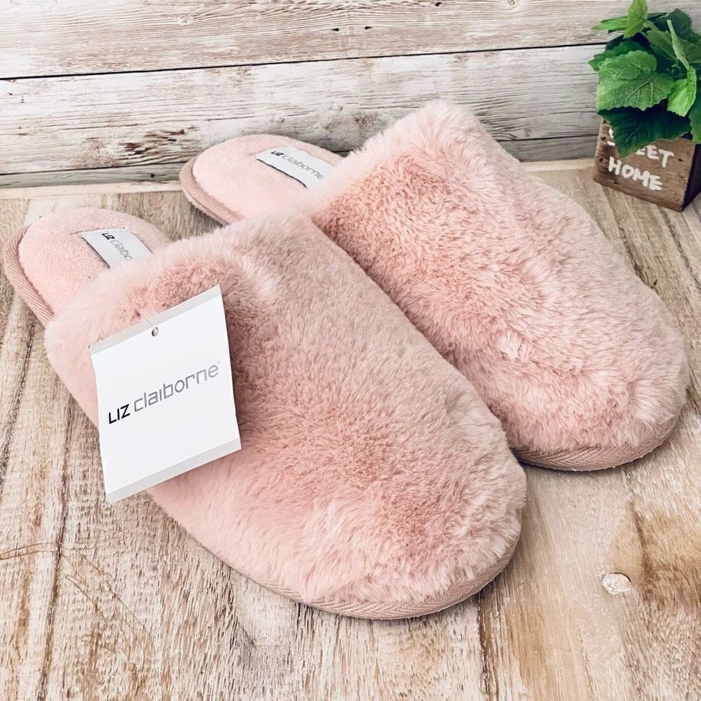 NWT Liz Claiborne slip on Pink furry Soft Indoor Outdoor Plastic Soles Slippers